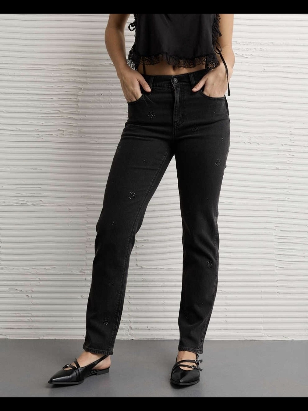 American Eagle Rhinestone Black Straight Leg Jeans